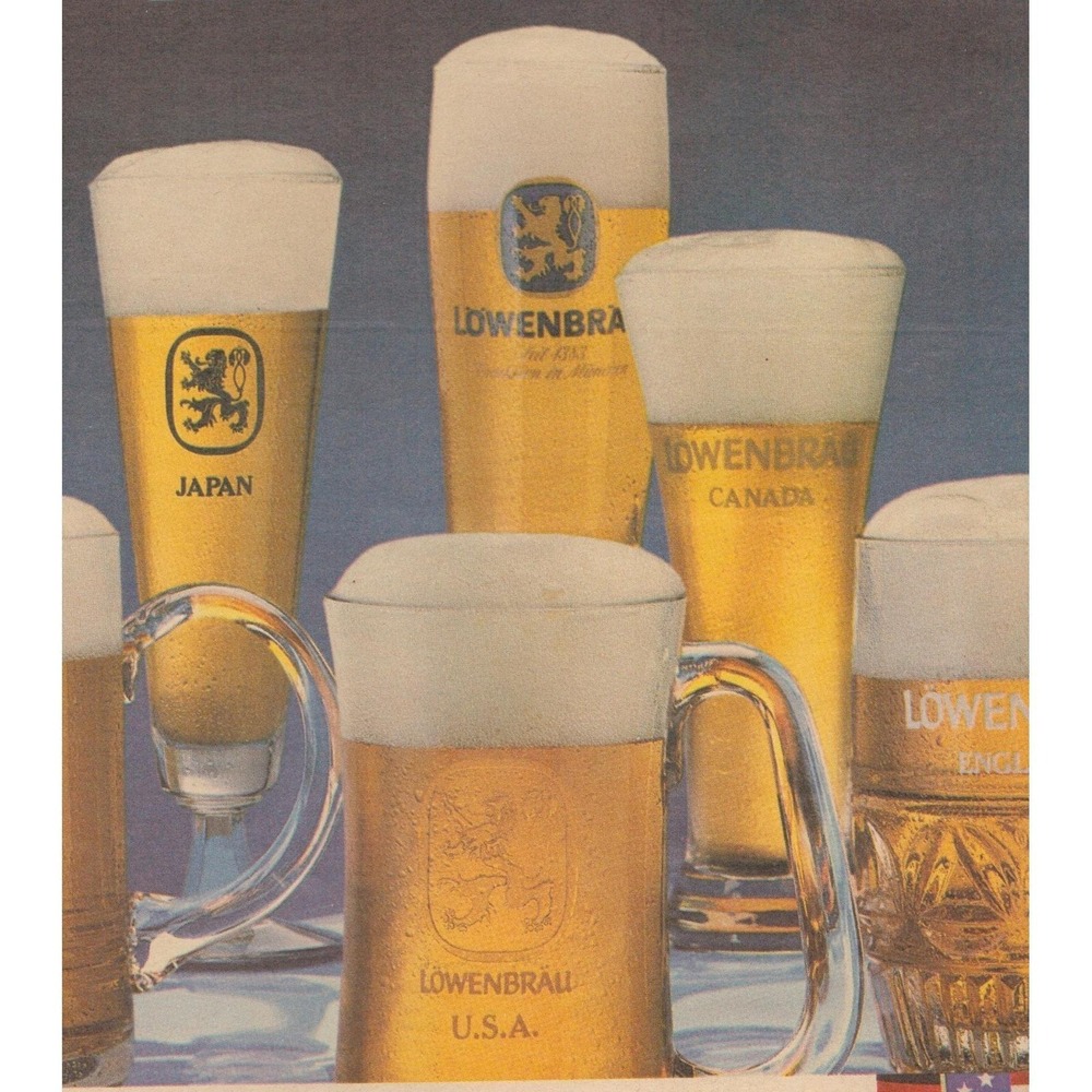 Vintage 1986 Lowenbrau Beer Print Ad International Glassware Collection Brewery